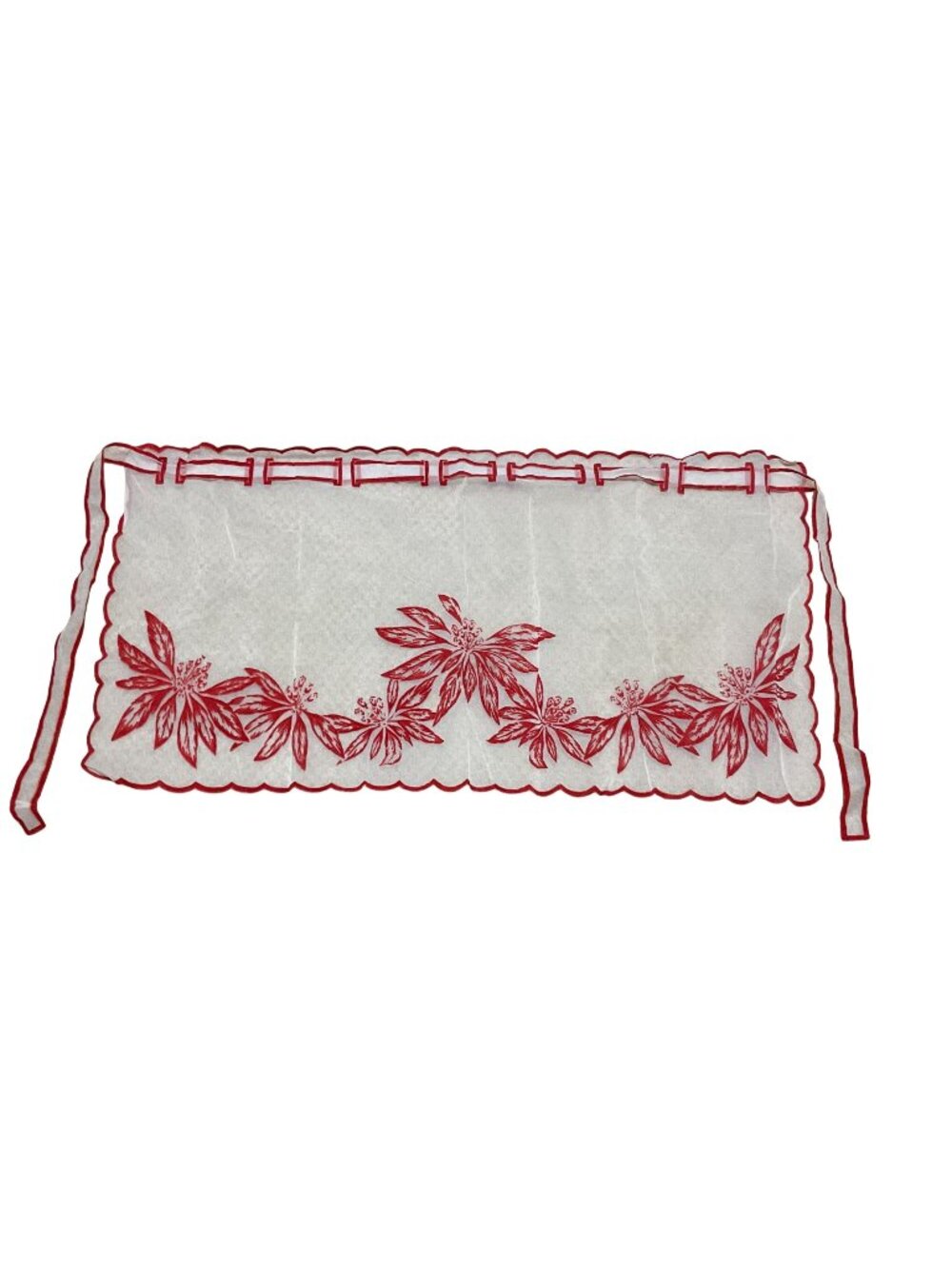 Vintage Sheer Apron With Red Floral Velvet Print And Scalloped Hemline 38" X 19"
